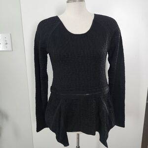 MARCHESA VOYAGE Black‎ Textured Long Sleeve Peplum Top Sweater Stretch  XL NWT